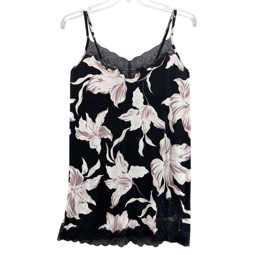 Soma Nightgown Sz M Floral Lace Trim Chemise Black Pink Rayon Spandex Romantic